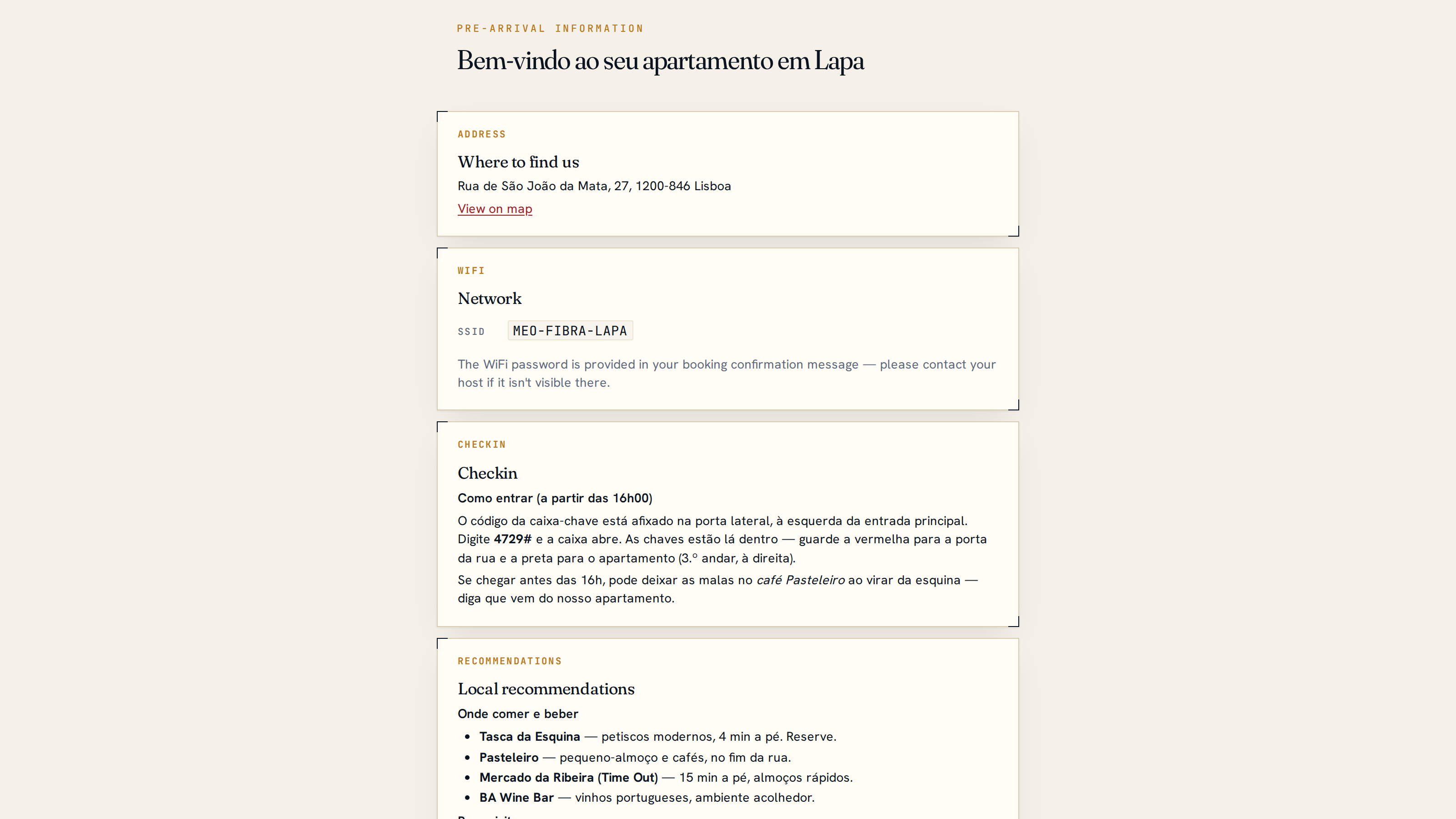 Public guest pre-arrival info page for a Lisbon apartment in Portuguese, showing the address, Wi-Fi network and key-collection check-in instructions a guest sees from their booking confirmation email.